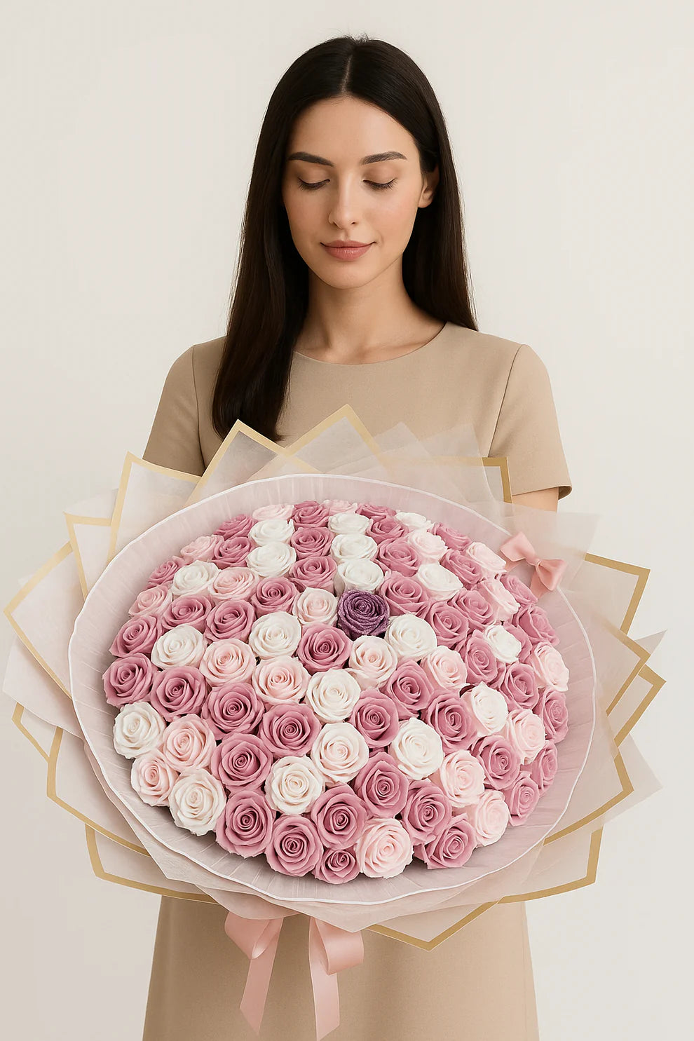Buchet Luxury din 101 Trandafiri Alb Roze