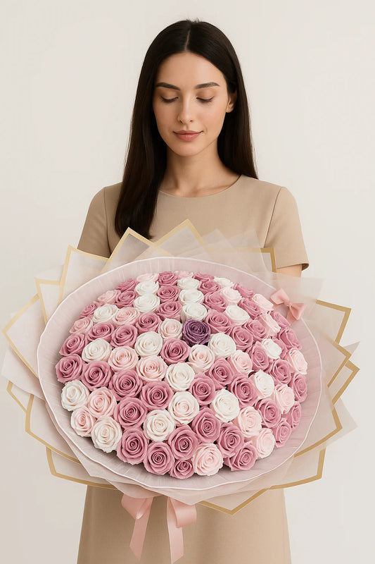 Buchet Luxury din 101 Trandafiri Alb Roze