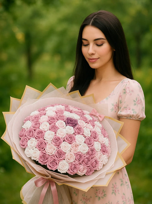 Buchet Luxury din 101 Trandafiri Alb Roze